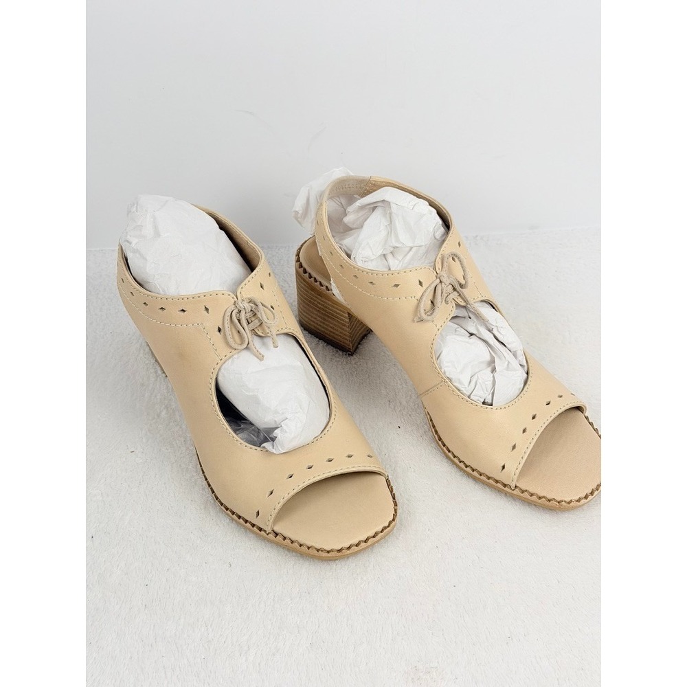Anthropologie Beige Leather Lace-Up Slingback Block Heel Sandals EU 39 US 8.5 9